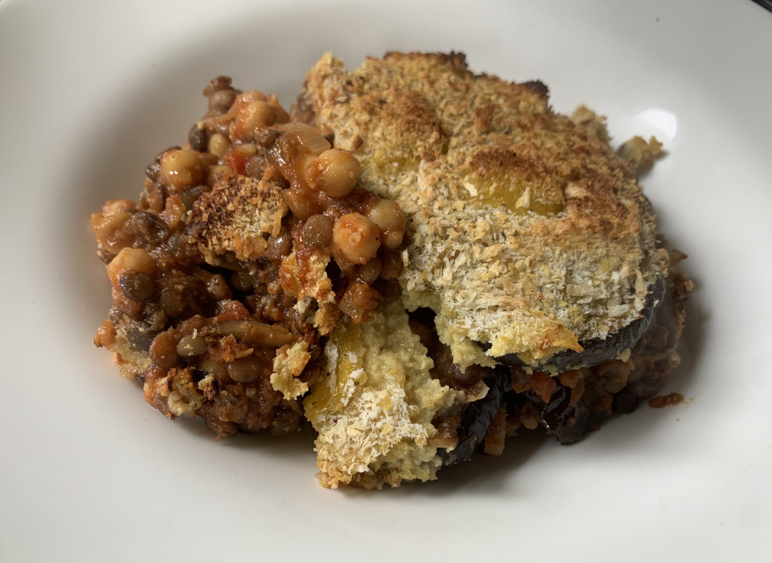 Vegan GF mussaka, with a crisp panko crumb crust